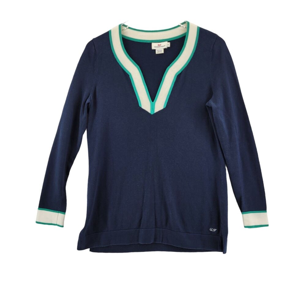 Vineyard Vines Womens Tunic Sweater Size Medium Wool Cotton Blue Contrast Trim